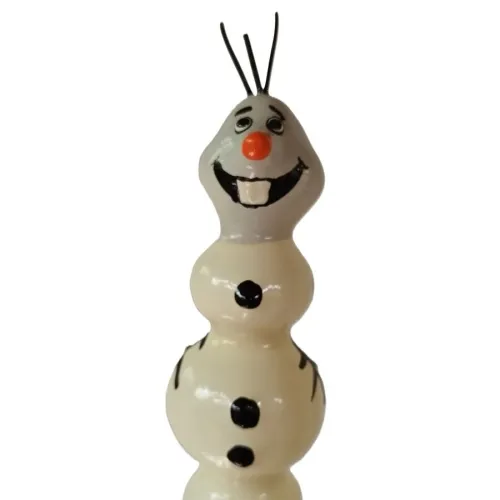Toy snowman with orange nose and black button on a white background.