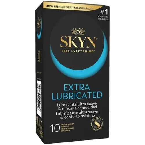 Black packaging of Skyn ​​condoms, extra lubricated, 10 pieces, latex-free, with gold and blue lettering.