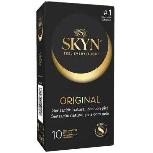 Schwarze Verpackung von SKYN Original Kondomen, 10 Stück, latexfrei, mit goldenen Akzenten und Text in mehreren Sprachen.