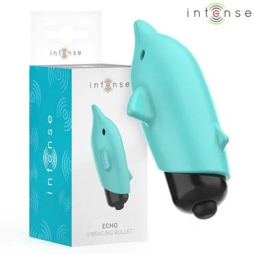 Turquoise, dolphin-shaped vibration device with packaging, brand "intense", model "Echo Vibrating Bullet".