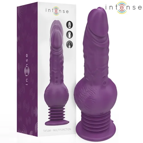 Purple vibrator with packaging, brand "Intense", model "Tatum - Multifunction", realistic shape, ribbed base.