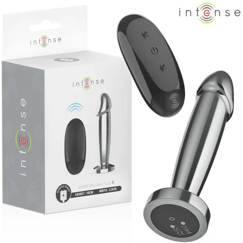 Verpackung und Produkt eines silbernen, vibrierenden Analplugs mit Fernbedienung der Marke "Intense".