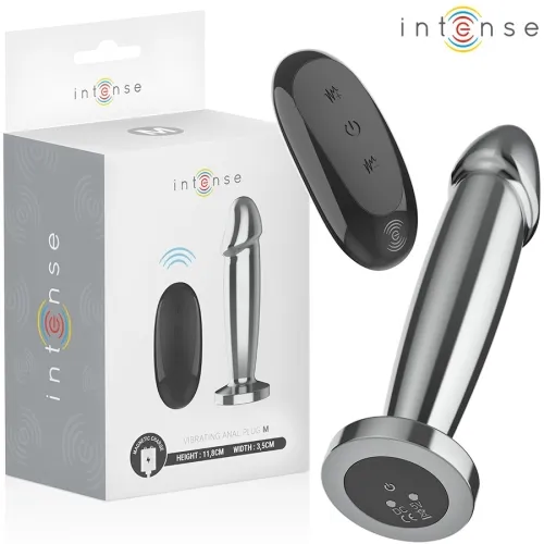 Vibrating anal plug with remote control, silver-colored, as shown on the packaging. Height: 11.8 cm, width: 3.5 cm.