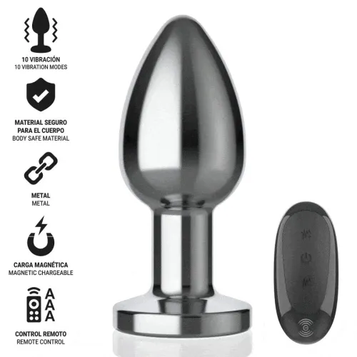 Metallic plug with remote control, 10 vibration modes, magnetically rechargeable, body-safe material.