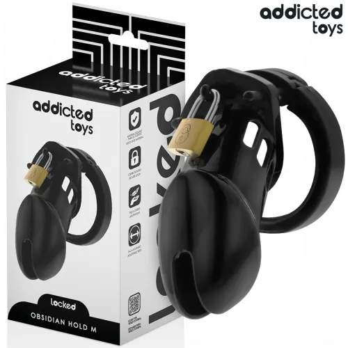 Black chastity cage with padlock, packaging in the background, brand "Addicted Toys".