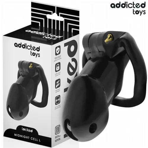Schwarzes Spielzeug mit Verpackung von "addicted toys", Produktname "Midnight Cell L", mit Schloss und ergonomischem Design.