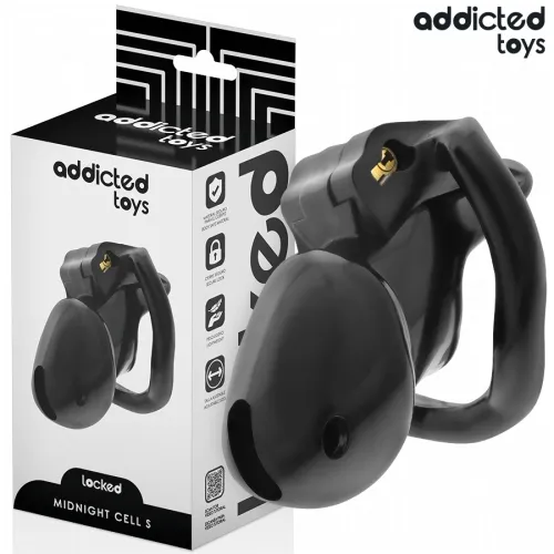 Schwarzes Spielzeug von Addicted Toys, verpackt in einer Box mit der Aufschrift "Midnight Cell S".