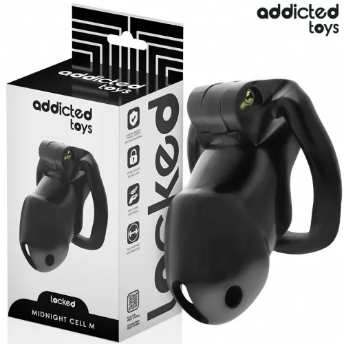 Black toy with packaging from "Addicted Toys", product name "Midnight Cell M", with lock and ergonomic design.