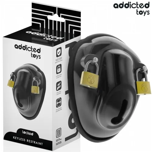 Black chastity device with two padlocks, packaging in the background, brand "addicted toys".