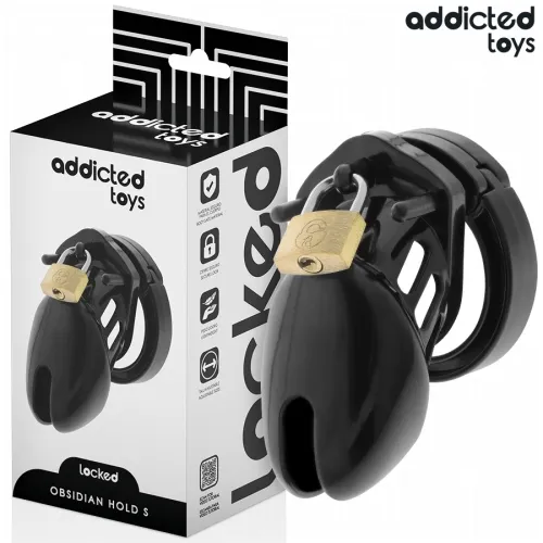 Black chastity device with padlock, packaging in the background, brand "Addicted Toys".