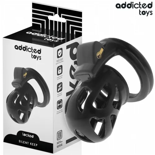 Schwarzes Keuschheitskäfig-Set von Addicted Toys, abgebildet mit Verpackung.