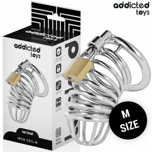 Metallkäfig mit Schloss, Verpackung von "Addicted Toys", Größe M, Produktname "Iron Cell M".