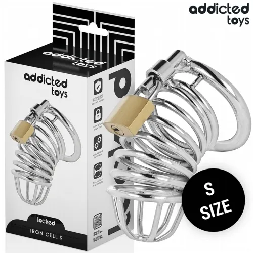 Metallkäfig mit Schloss, Verpackung im Hintergrund, "Addicted Toys" und "S Size" sichtbar.