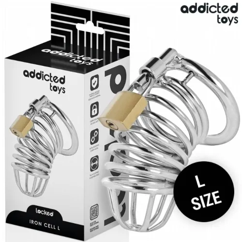 Metallkäfig mit Schloss, Verpackung von "Addicted Toys", Größe L.