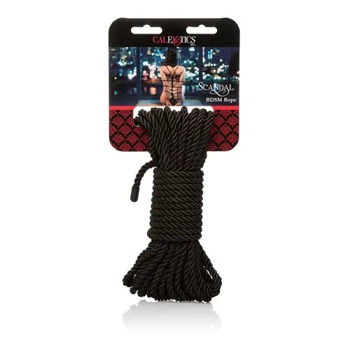 Black BDSM rope from CalExotics, packaged with a picture of a person in bondage in front of a window.