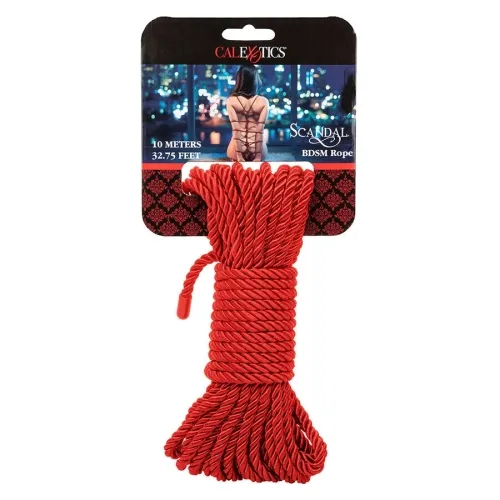 Rotes BDSM-Seil von CalExotics, 10 Meter lang, auf Verpackung mit Bild einer Person von hinten.