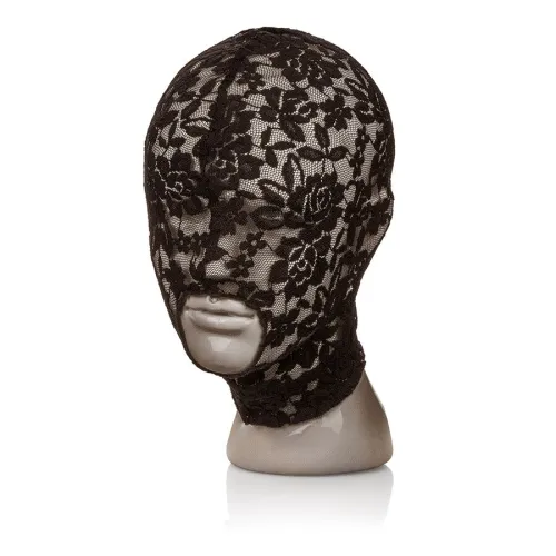 Mannequin with a black lace mask covering the face, with an opening for the mouth.