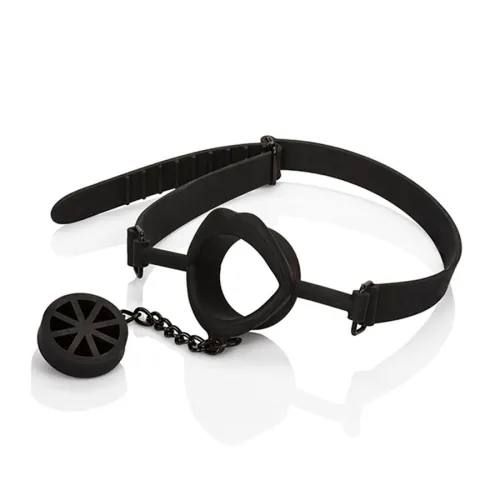 Black gag set with adjustable strap and removable insert, on a white background.