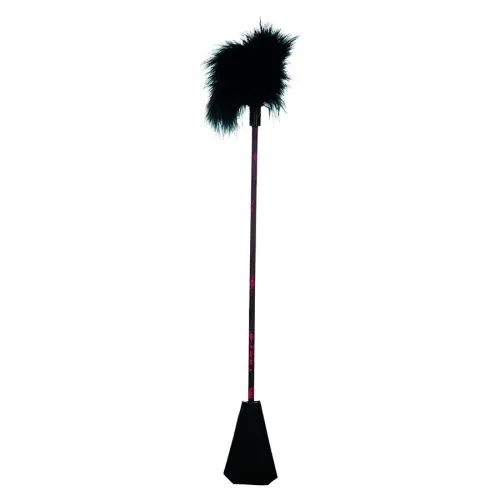 Black riding crop with a fluffy end and wide handle, against a white background.