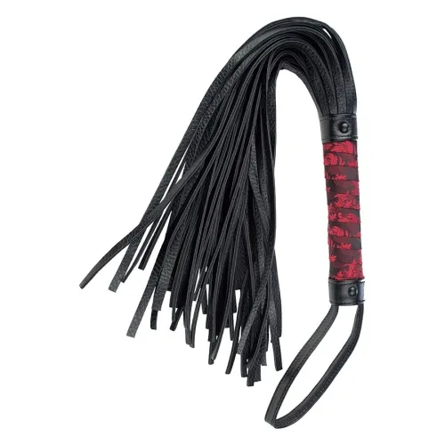 Black whip with red handle details and multiple straps, suitable for BDSM activities.
