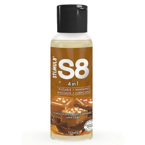 Bottle S8 4-in-1 lubricant, chocolate caramel flavor, 125 ml, orange label, black cap.