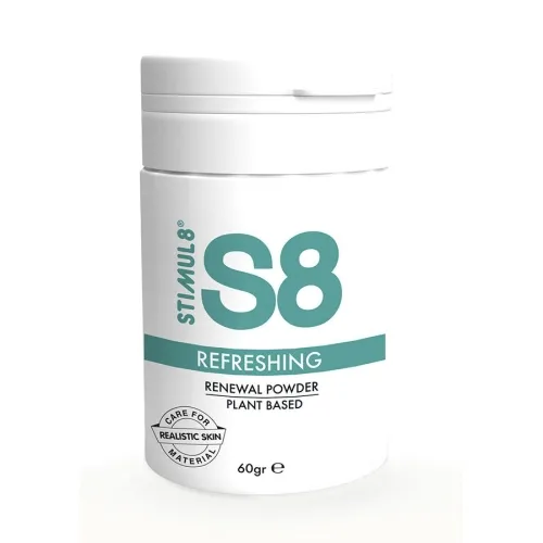 Weißer Behälter mit der Aufschrift "STIMUL8 S8 Refreshing Renewal Powder, Plant Based, 60g".