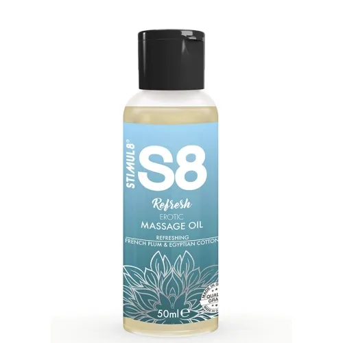 S8 Refresh Erotic Massage Oil bottle, 50 ml, with black cap and blue label, decorated with a leaf pattern.