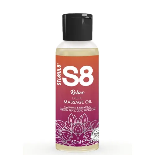 Bottle of S8 Relax massage oil, 50 ml, with green tea and lilac blossom, soothing and relaxing.