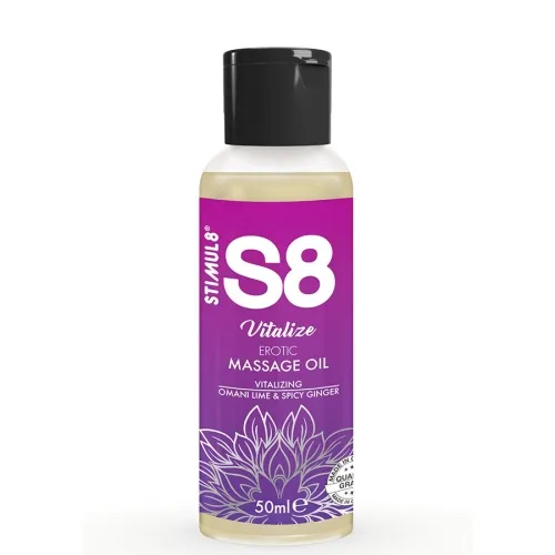 S8 Vitalize Erotic Massage Oil bottle, 50ml, with Omani lime and spicy ginger, purple label.