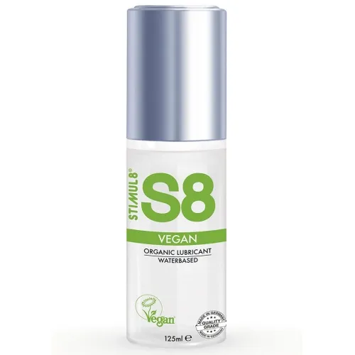 Flasche mit veganem, wasserbasiertem Gleitmittel, 125 ml, silberner Deckel, grüne Aufschrift "S8".