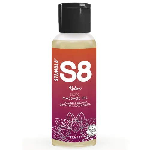 Bottle of S8 Relax massage oil, 125 ml, with green tea and lilac blossom, soothing and relaxing.
