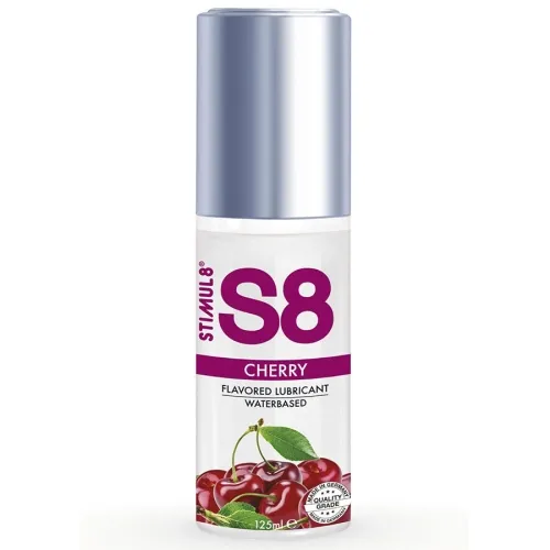 Bottle of S8 lubricant with cherry flavor, 125 ml, silver cap, cherries on the label.