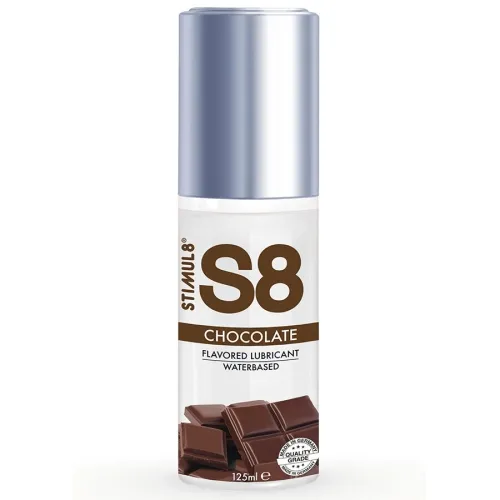 Flasche S8 Schokoladen-Gleitmittel, wasserbasiert, 125 ml, mit Schokoladenstücken auf dem Etikett.