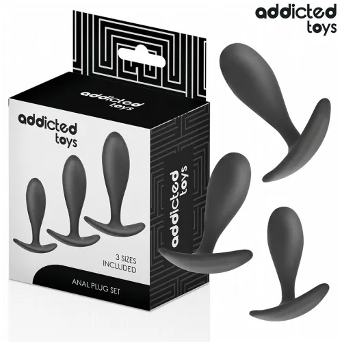 Schwarzes Analplug-Set von Addicted Toys, drei Größen, Verpackung und Produkte abgebildet.