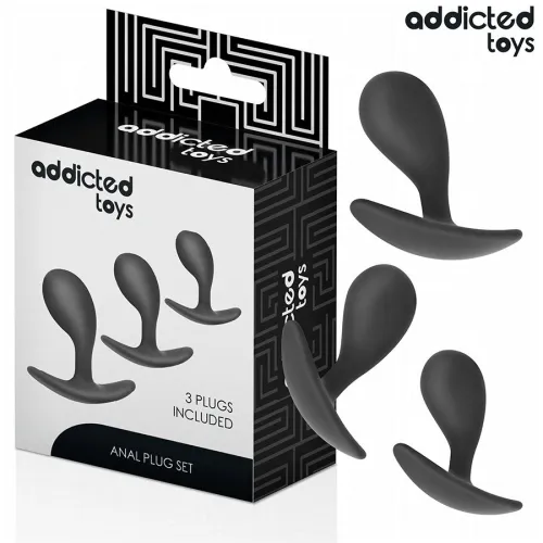 Verpackung eines Anal-Plug-Sets mit drei schwarzen Plugs von Addicted Toys.