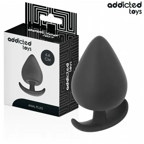 Black anal plug from Addicted Toys, 6.6 cm, next to the packaging.