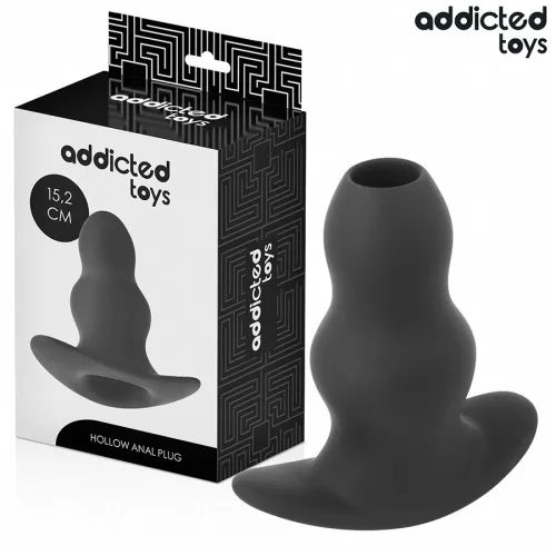 Black, hollow anal plug from Addicted Toys, 15.2 cm, shown next to the packaging.