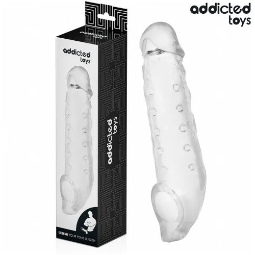 Packaging and transparent penis attachment from Addicted Toys for penis enlargement.