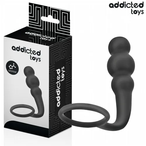 Black sex toy with ring and balls, next to a package labeled "addicted toys".