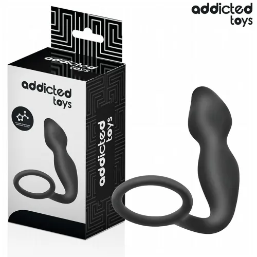 Black sex toy with a ring, next to a package labeled "addicted toys".