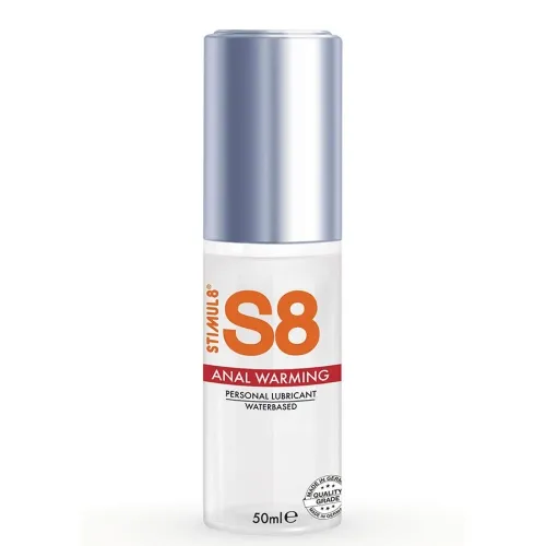 Flasche S8 Anal Warming Gleitgel, 50 ml, mit silbernem Deckel und rotem Etikett.