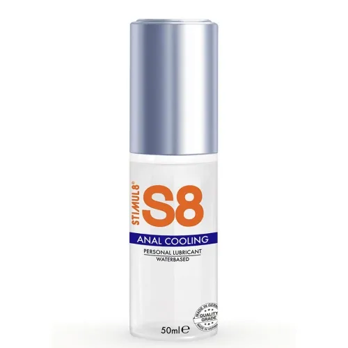Flasche S8 Anal Cooling Gleitmittel, wasserbasiert, 50 ml, mit silbernem Deckel.