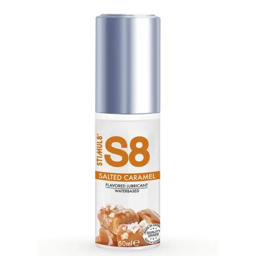 S8 bottle of lubricant with salted caramel flavor, 50 ml, silver cap.