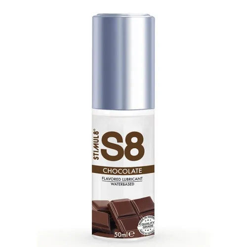 Flasche S8 Schokoladen-Gleitgel, 50 ml, mit silbernem Deckel und Schokoladenabbildung.