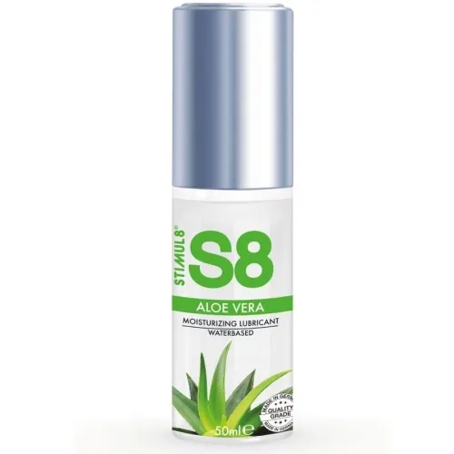 Flasche S8 Aloe Vera Gleitgel, wasserbasiert, 50 ml, mit silbernem Deckel und Aloe Vera Abbildung.