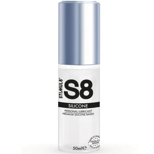 Bottle containing S8 silicone lubricant, 50 ml, silver cap, "Made in Germany" seal.
