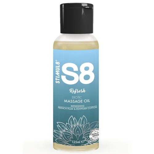 Flasche S8 Refresh Massageöl, 125 ml, mit schwarzem Deckel und blauem Etikett, verziert mit Blättern.