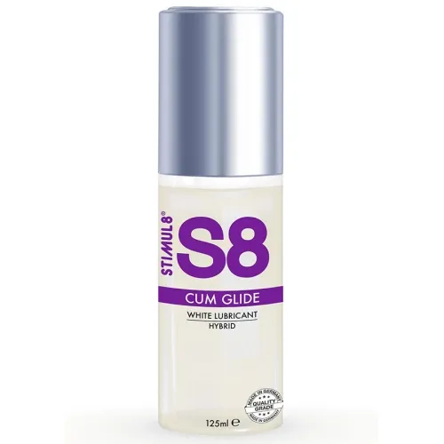 Flasche Gleitmittel "S8 Cum Glide" mit silbernem Deckel, 125 ml, weißes Hybrid-Lubrikant.