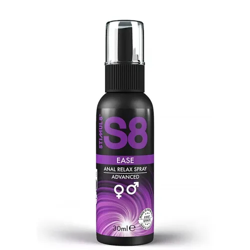 Black bottle with purple label, inscription "S8 Ease Anal Relax Spray Advanced", 30 ml.