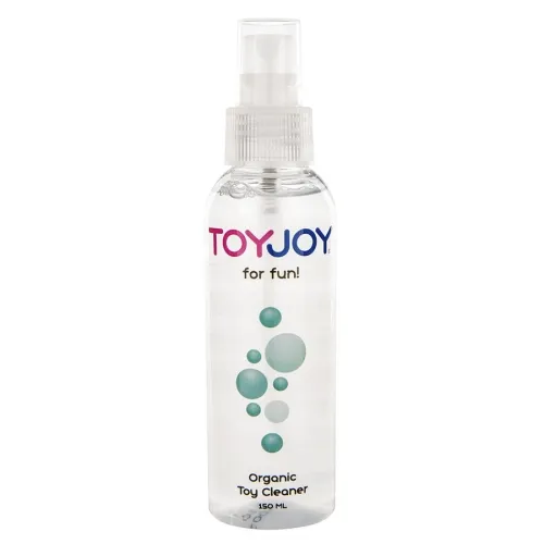 Spray bottle with the inscription "TOYJOY for fun! Organic Toy Cleaner 150 ML" and blue bubbles on the label.